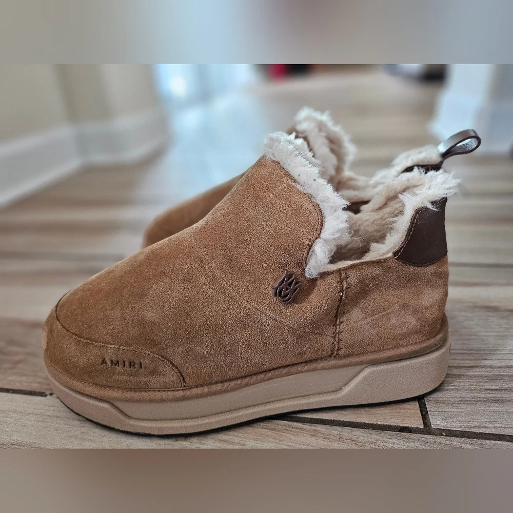 AMIRI Shearling Suede Slip On Boots Tan Fur Lined Luxury Designer Shoes Men's 13